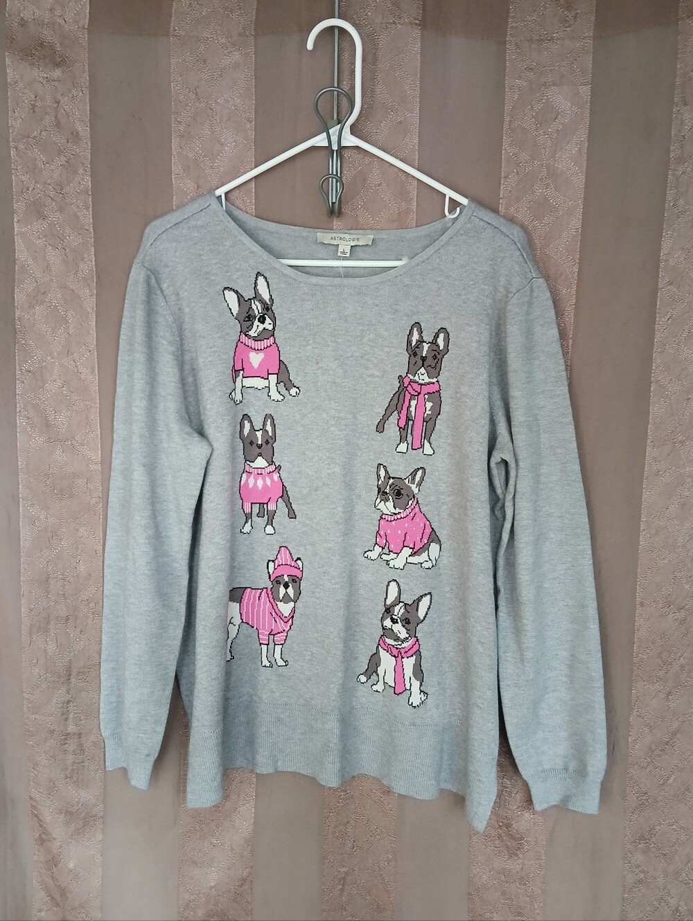 💎 Astrologie Women's Top Frenchie Intarsia Gray Sweater NWT